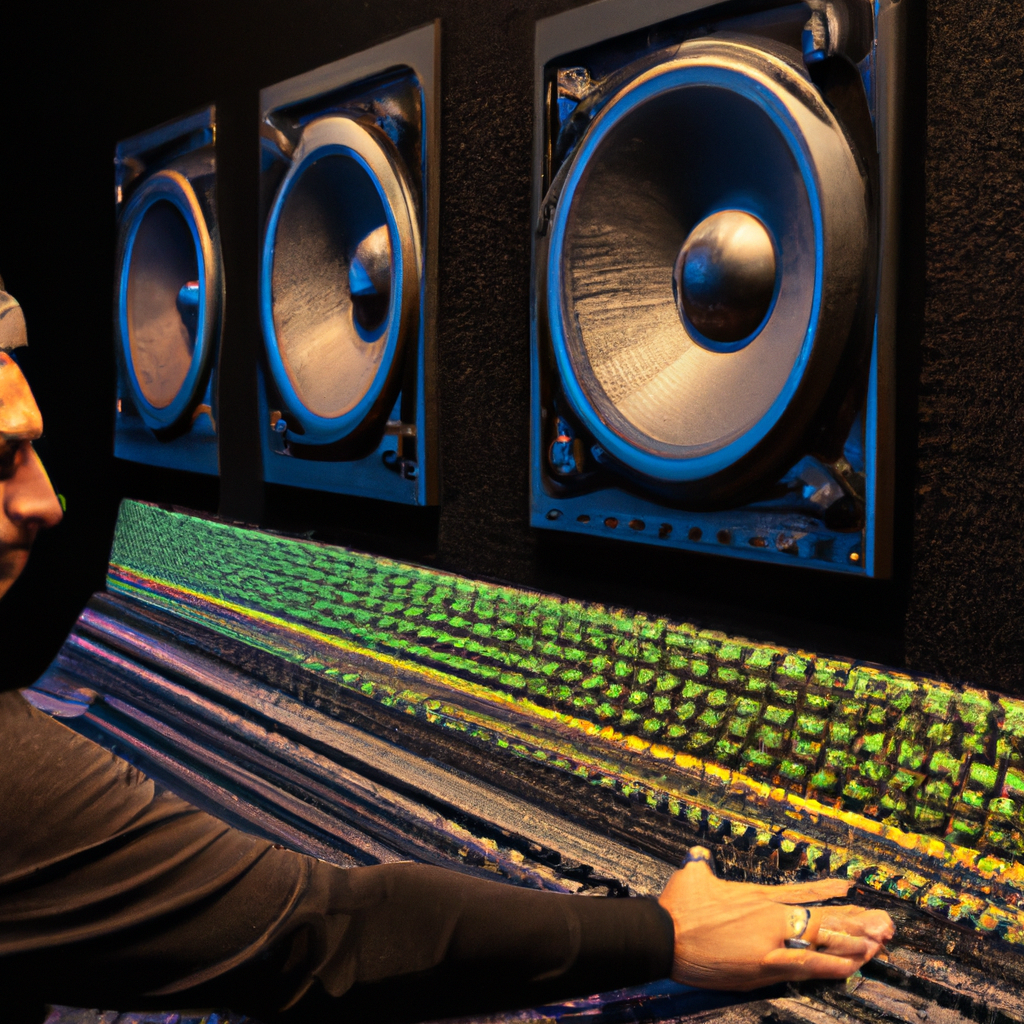 Mastering engineer at speakers with room treatment panels, ultra-sharp detail