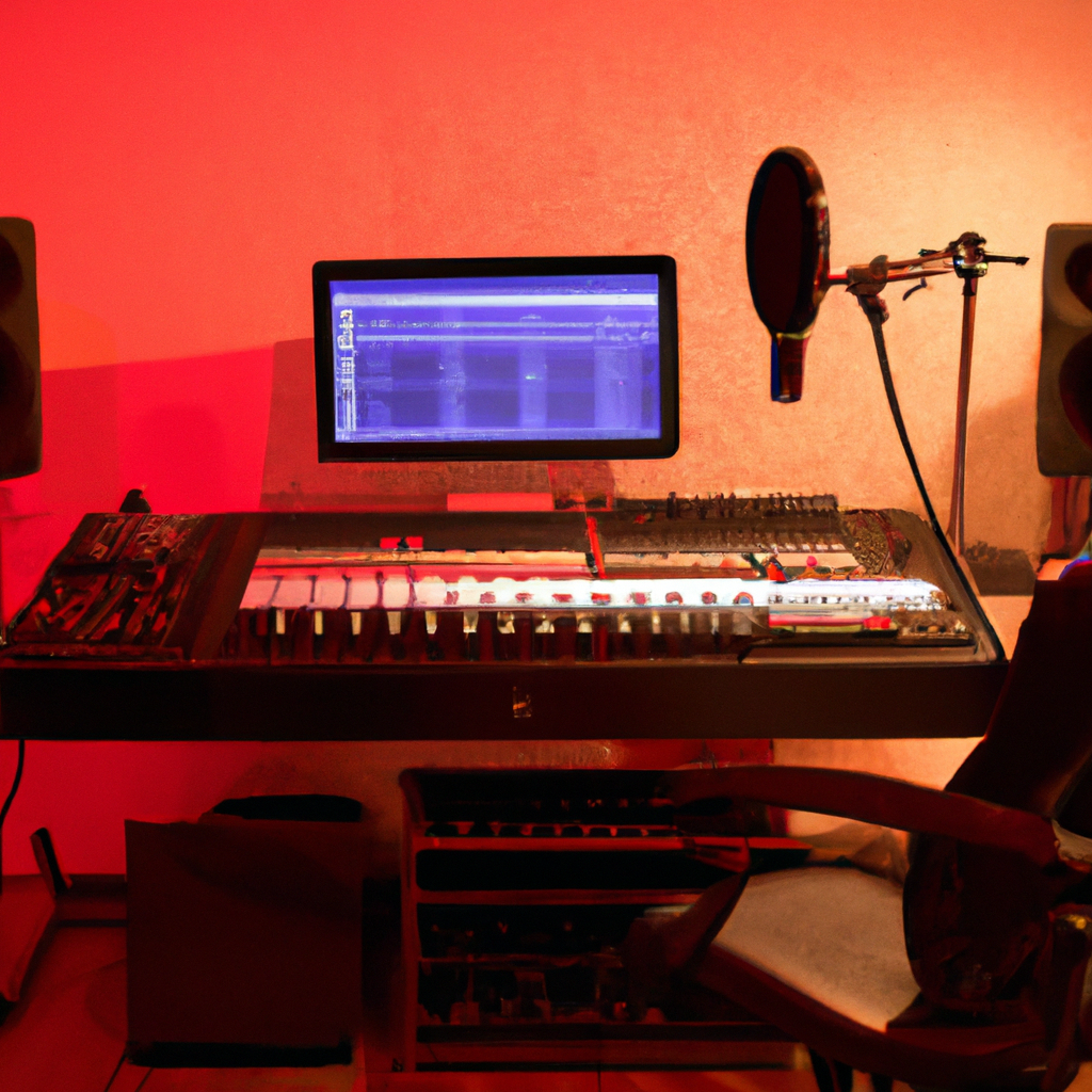 High-resolution photo of a modern recording studio with analog console and nearfield monitors under warm lighting