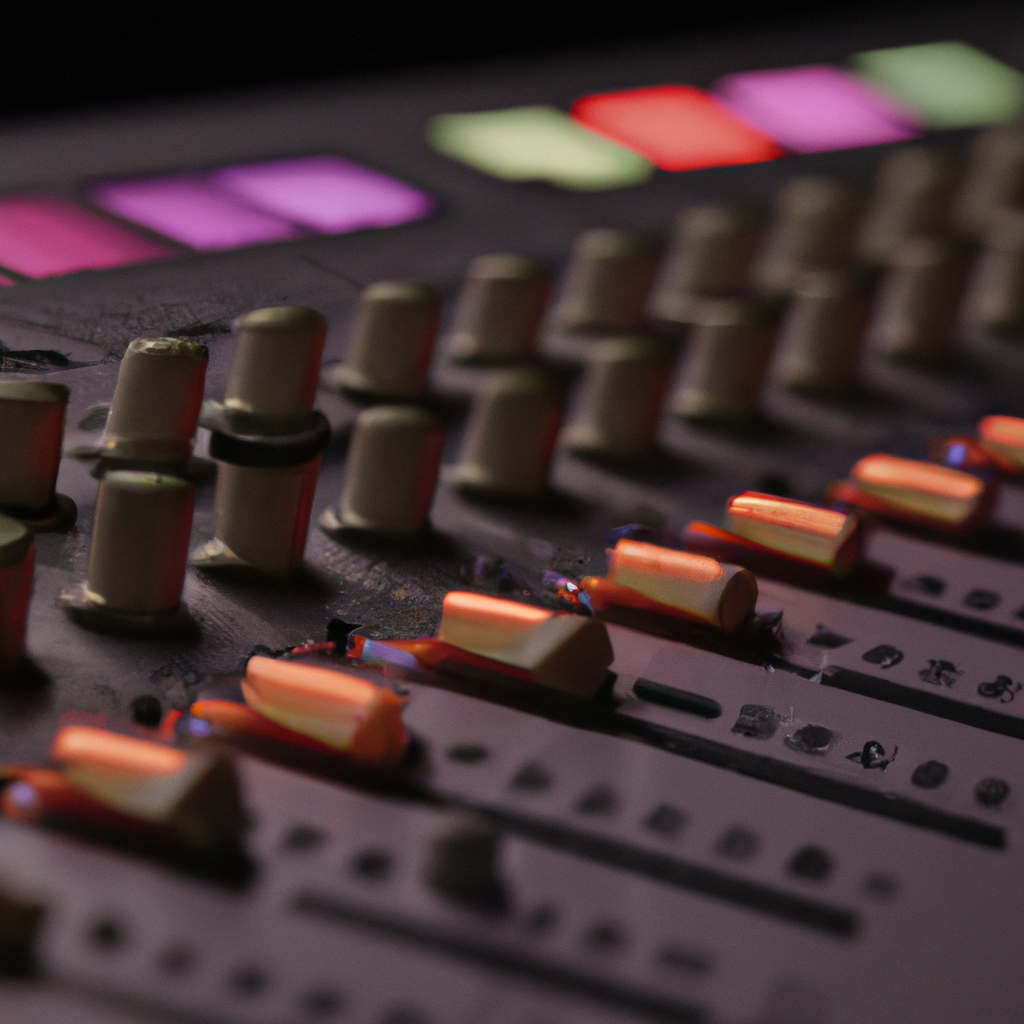 High-contrast studio console mixer with LED levels glowing in a dim sound engineering room